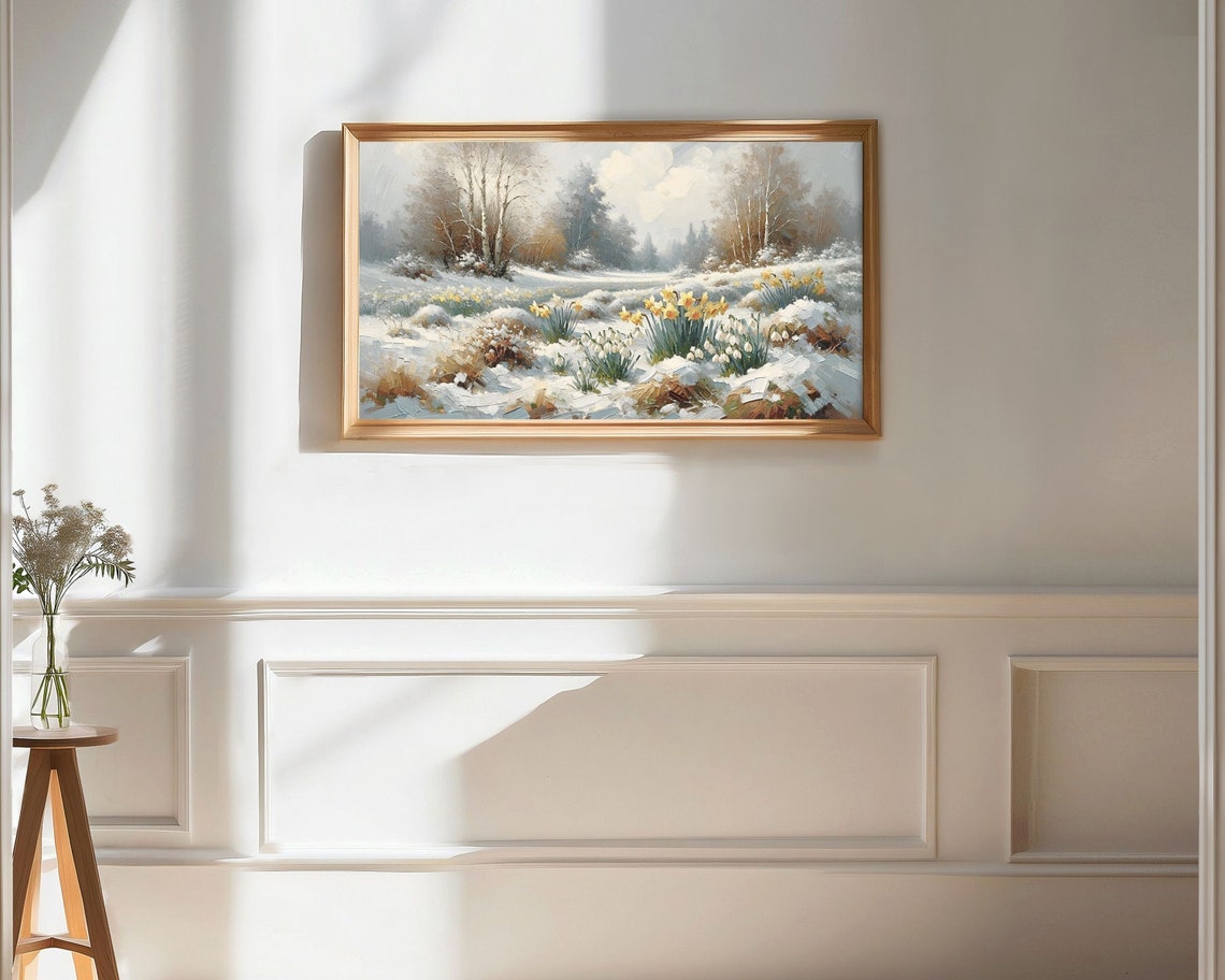Winter Daffodils Blooming in Snow Vintage Floral Landscape Art Poster - Image 2