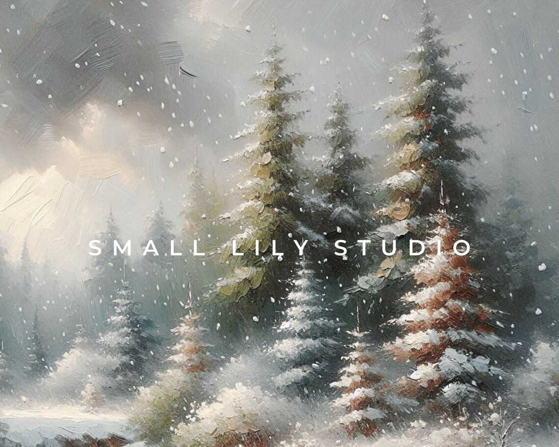 Moody Snow Falling Forest Stream Winter Pine Landscape Vintage Painting Poster - Image 4