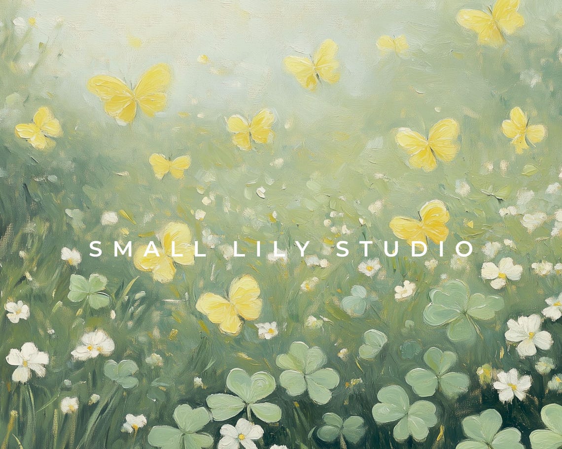 Yellow Butterflies Over Green Clover Meadow Spring Painting Poster - Image 4