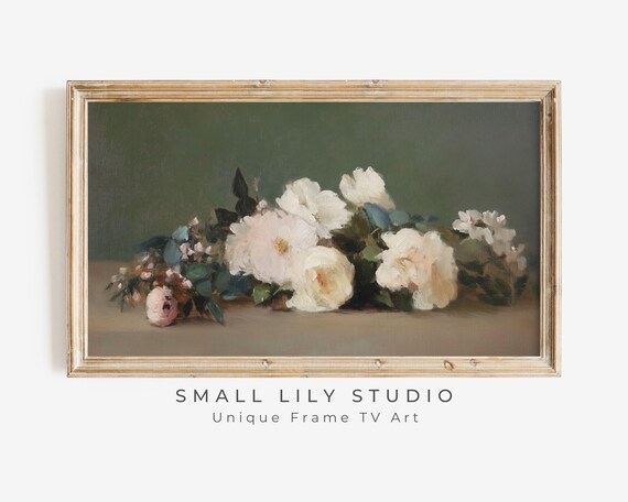 Frame Tv Art Pink Roses On Green Frame Tv Art Vintage Style Flower Still Life Painting Dark Green Moody Floral Artwork Tv622
