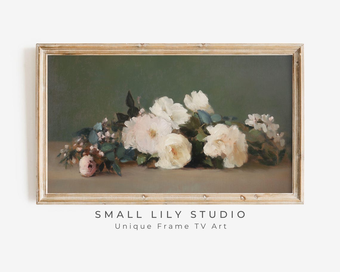 Soft Blush Pink Roses On Dark Green Moody Vintage Floral Poster
