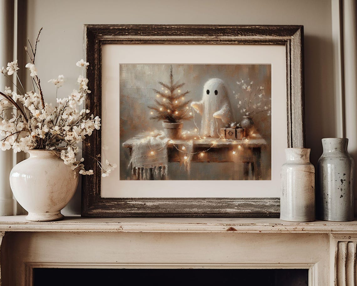 Christmas Ghost Print Vintage Style Cute Ghost Painting Wall Art Neutral Xmas Halloween Ghost Artwork 8x10 P089 - Image 2