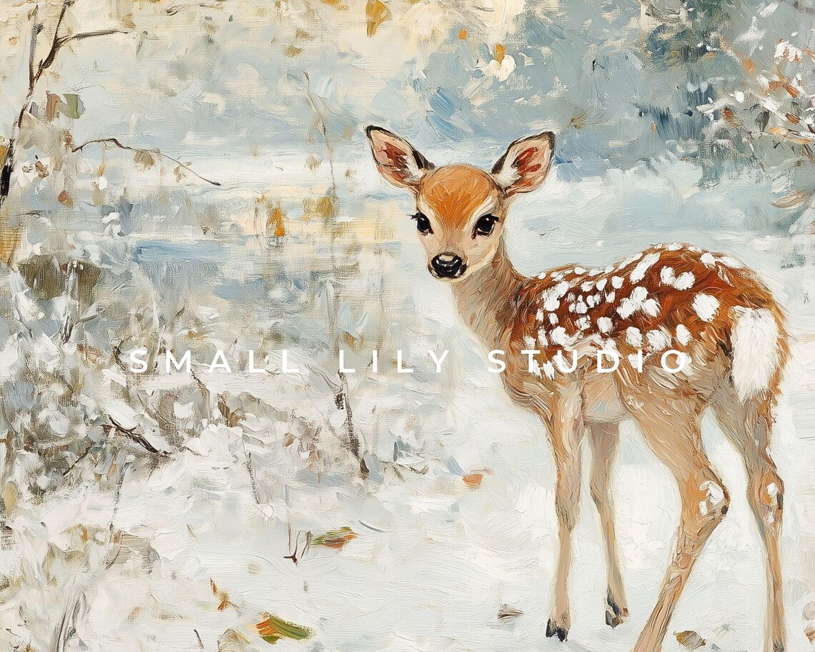 Baby Deer In Snow, Neutral Winter Art Print - Image 4