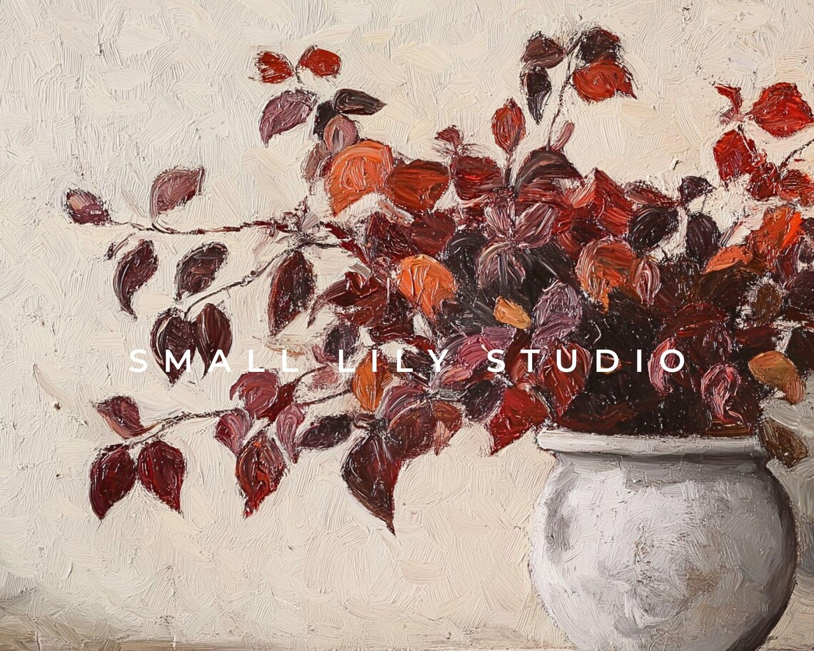 Burgundy Autumn Leaves In White Pot Still Life Vintage Painting Poster - Image 4