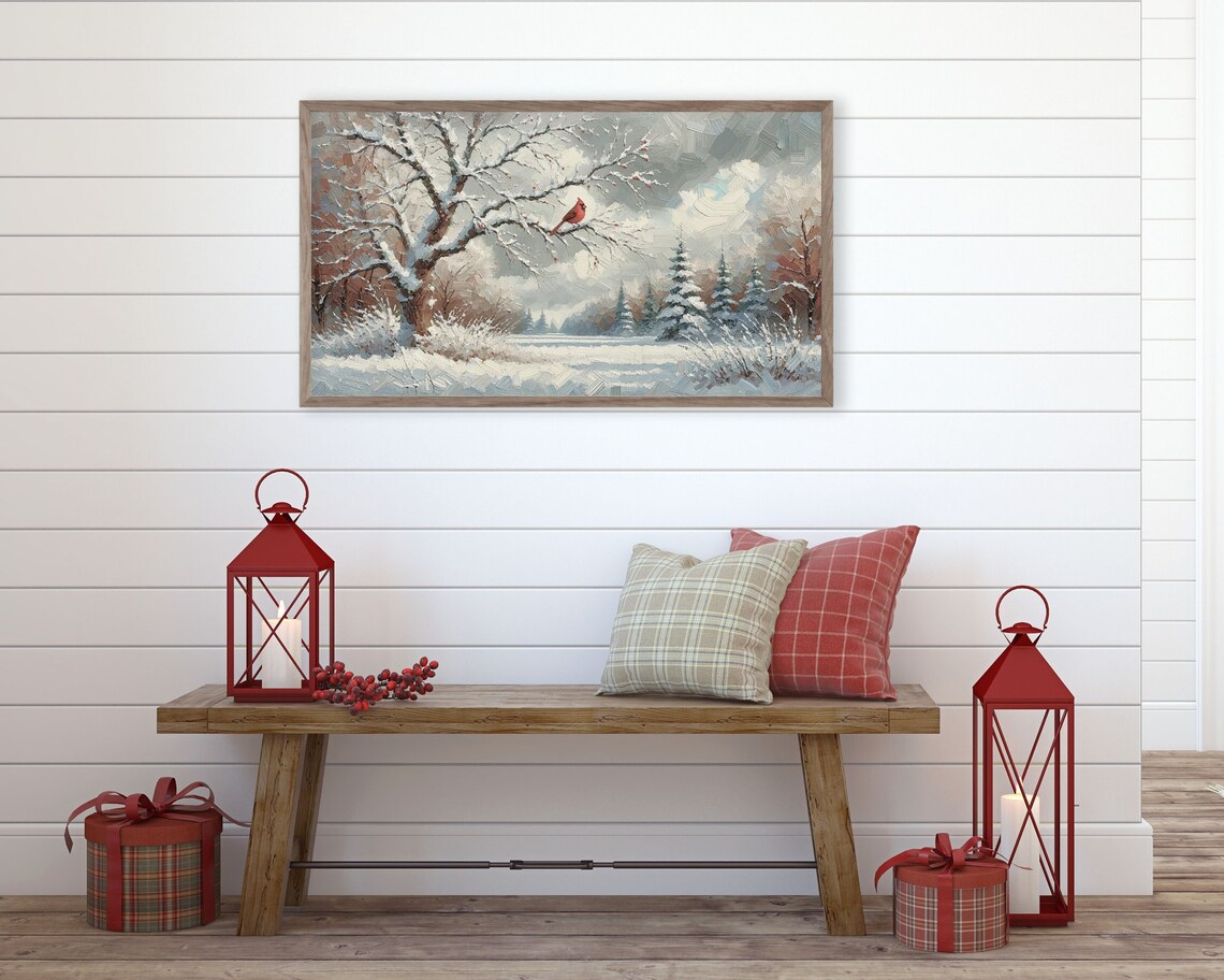 Red Cardinal Snow Branch Winter Landscape Impasto Vintage Bird Art Poster - Image 2