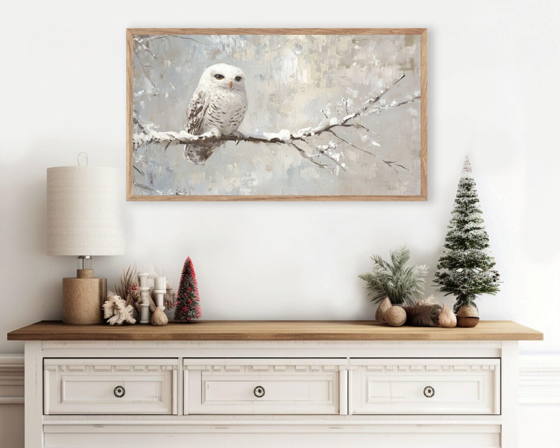 White Snowy Owl on Frosty Branch in Winter Neutral Vintage Style Poster - Image 2