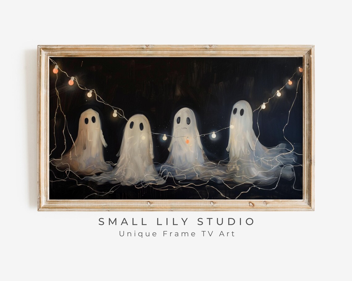 Sad Ghosts Party String Lights Dark Background Halloween Painting Poster