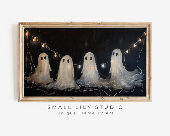 Sad Ghosts Party String Lights Dark Background Halloween Painting Poster