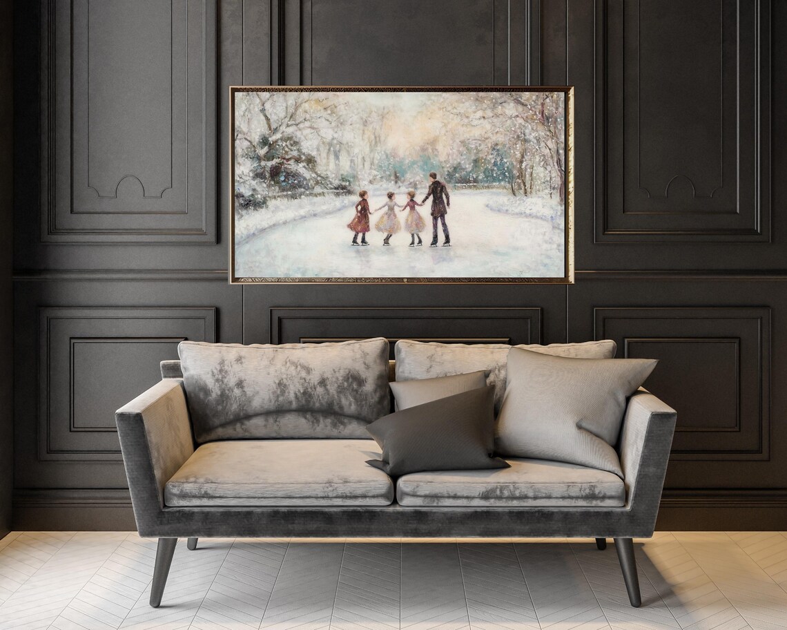Family Ice Skating Frozen Pond Snowy Park Retro Vintage Winter Art Poster - Image 2