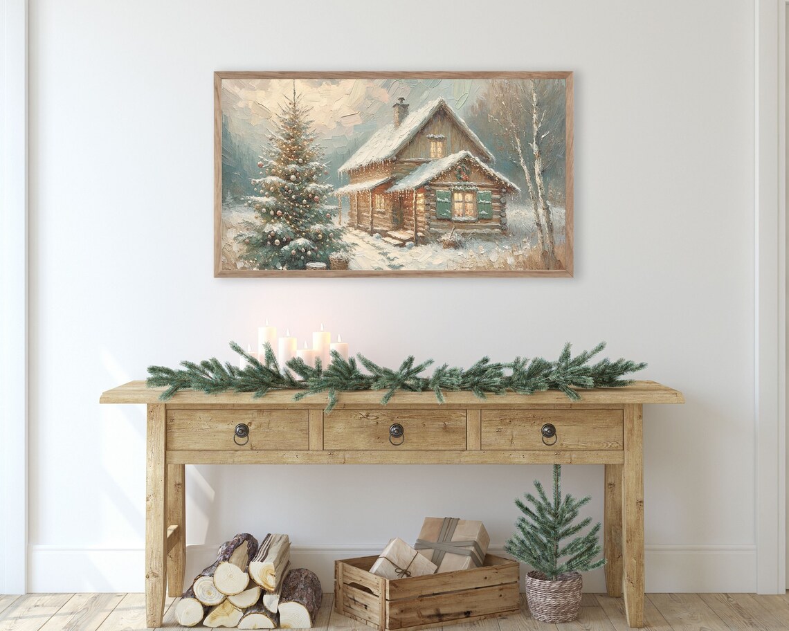 Christmas Cottage Winter Art Print, Rustic Country - Image 3