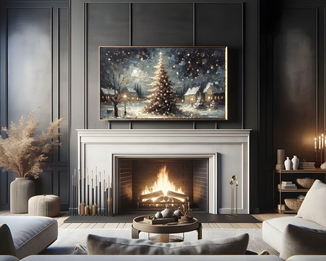 Christmas Tree Under Starry Sky Vintage Art Print - Image 2
