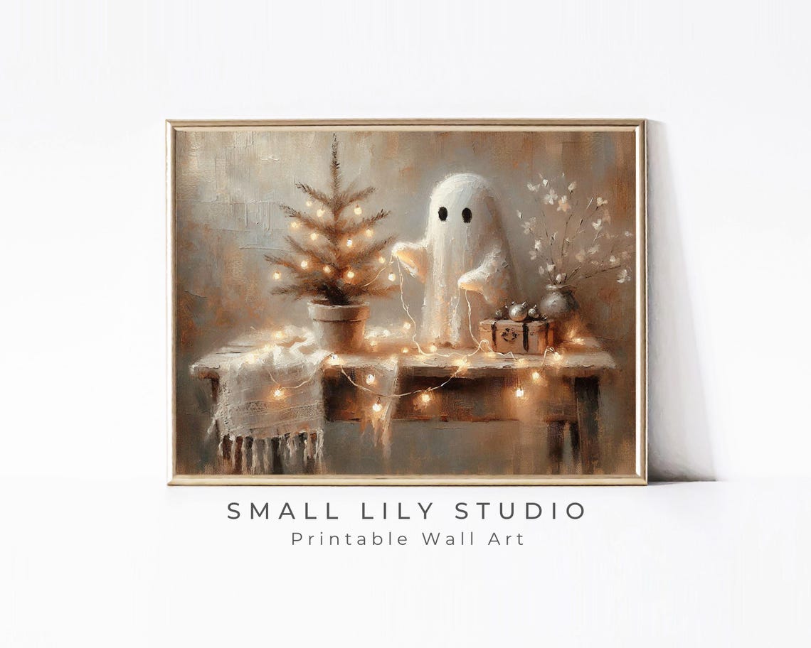 Christmas Ghost Print Vintage Style Cute Ghost Painting Wall Art Neutral Xmas Halloween Ghost Artwork 8x10 P089