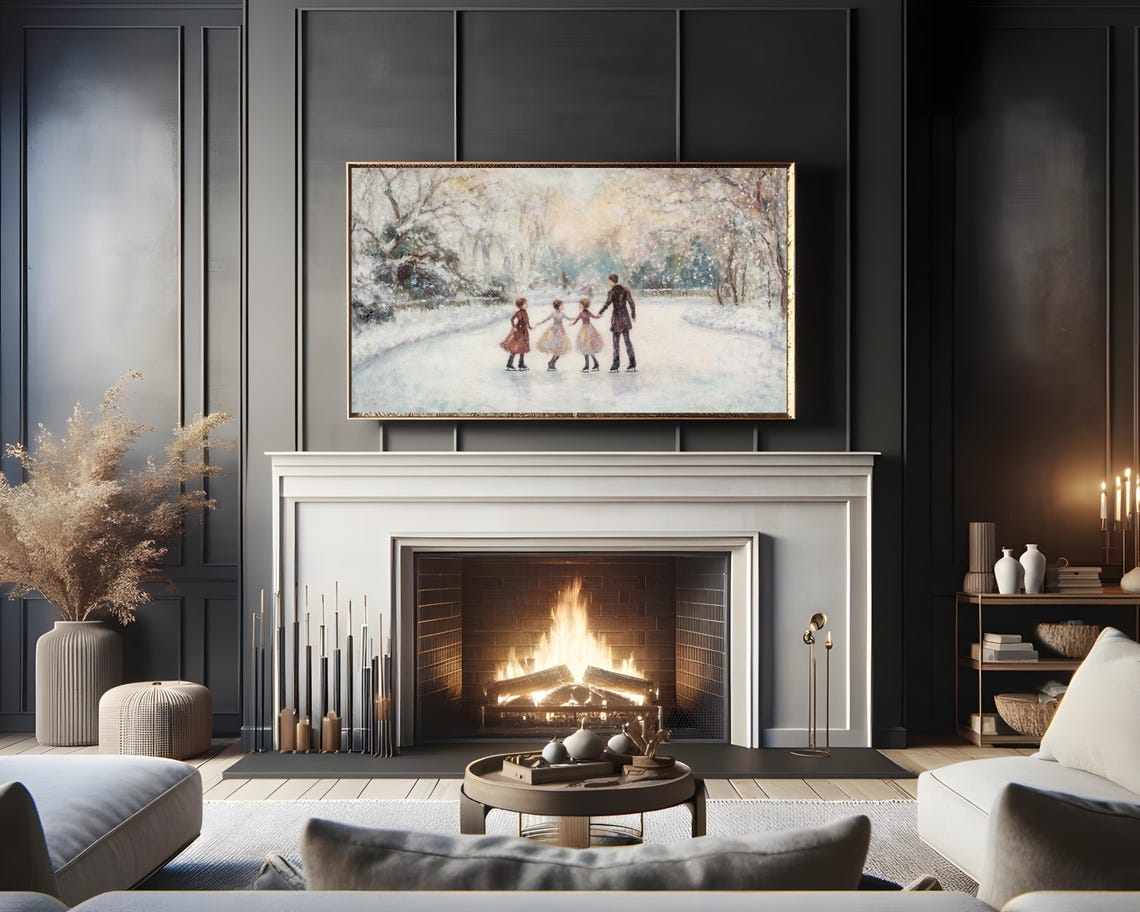 Frame Tv Art Family Ice Skating In Winter Landscape Frame Tv Art Retro Vintage Style Painting Winter Holidays Fun With Kids Tv453 - Image 3