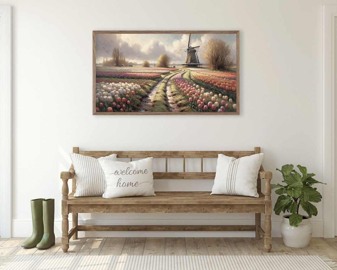 Tulip Landscape With Dutch Windmill, Vintage Art Print - Image 2