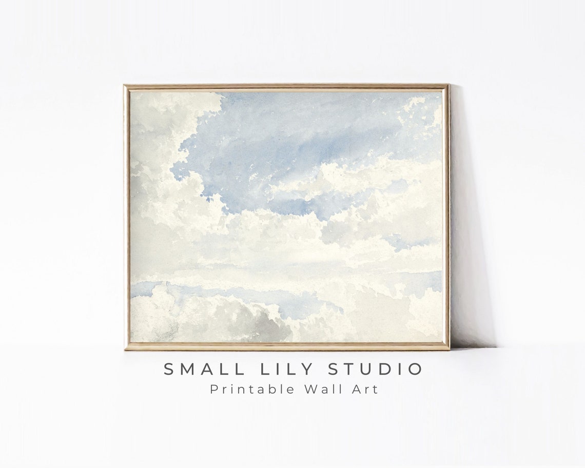 Blue Sky White Clouds Watercolor Minimalist Cloudy Sky Art Print