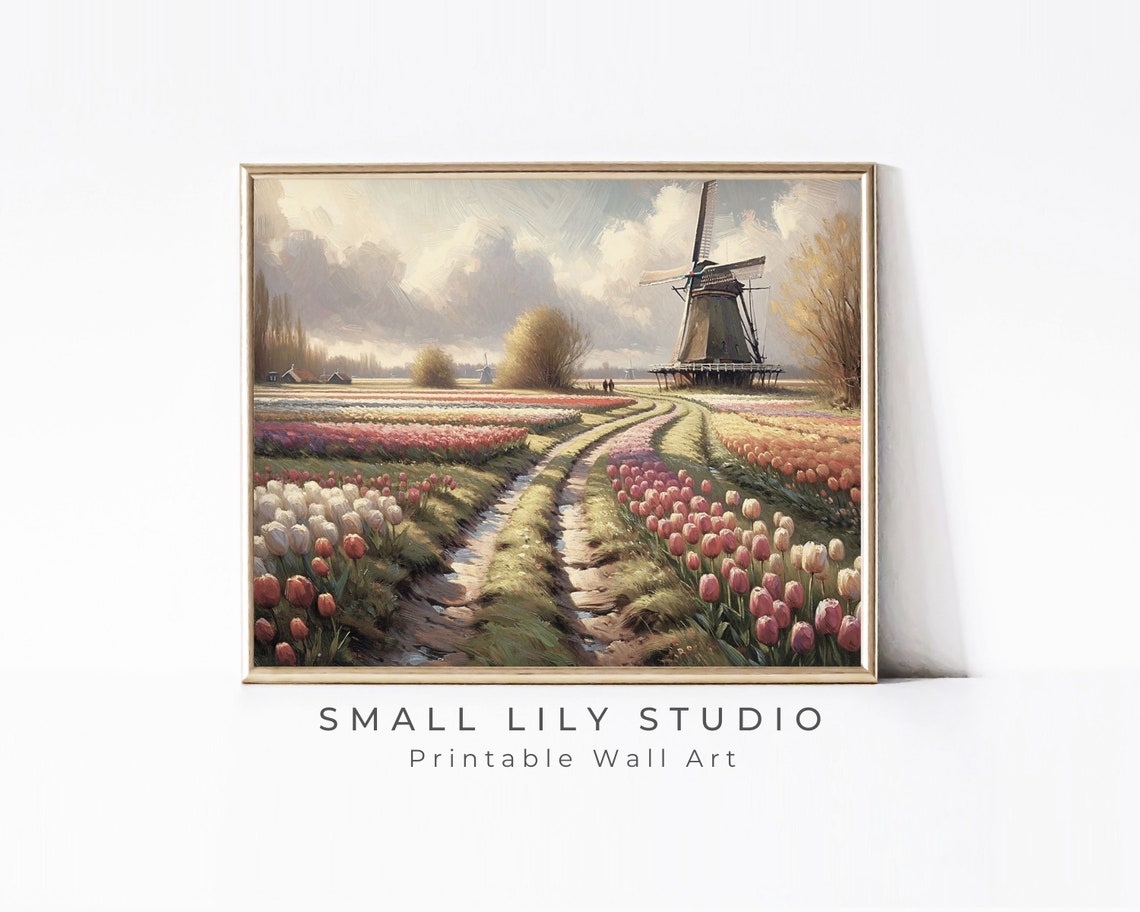 Dutch Windmill Colorful Tulip Field Rows Spring Netherlands Print