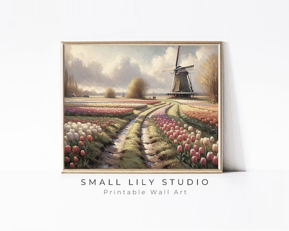 Dutch Windmill Colorful Tulip Field Rows Spring Netherlands Print