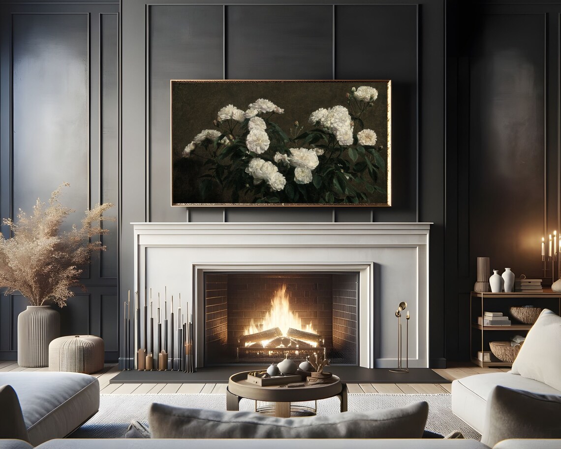 Frame Tv Art Moody Flowers White Moody Floral Tv Background Frame Tv Art Vintage Flower Still Life Farmhouse Painting Dark Tv304 - Image 3