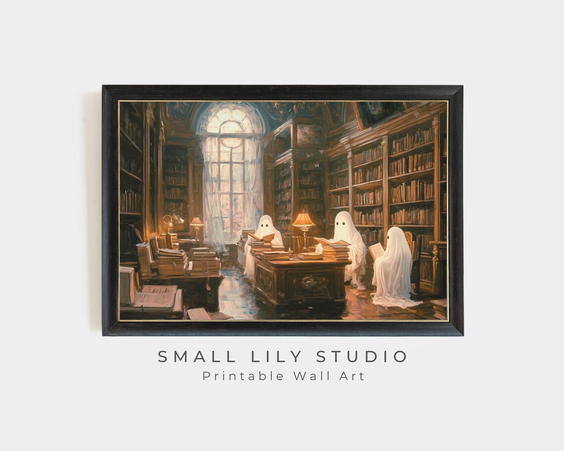 Ghosts Reading Library Cozy Book Lover Vintage Halloween Painting Poster - Image 2