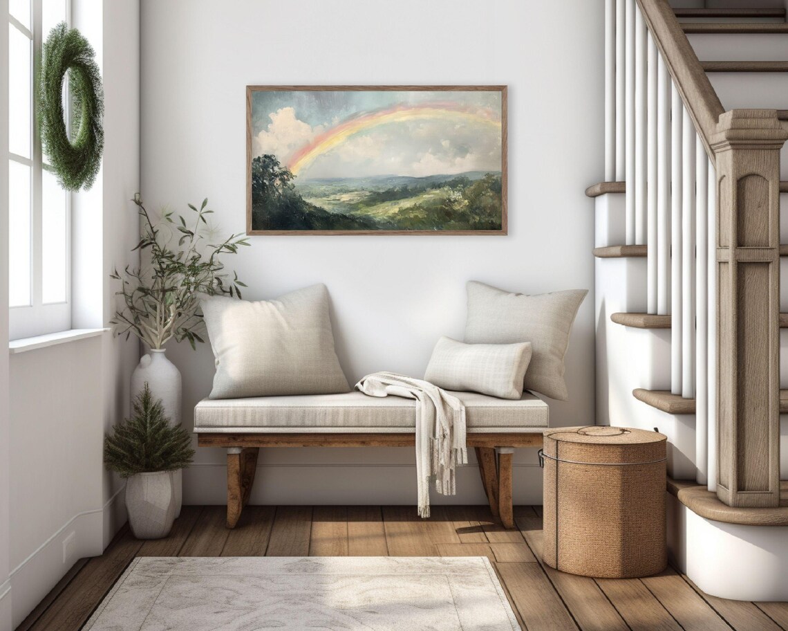 Rainbow In Countryside Rustic Farmhouse Art Print - Image 2
