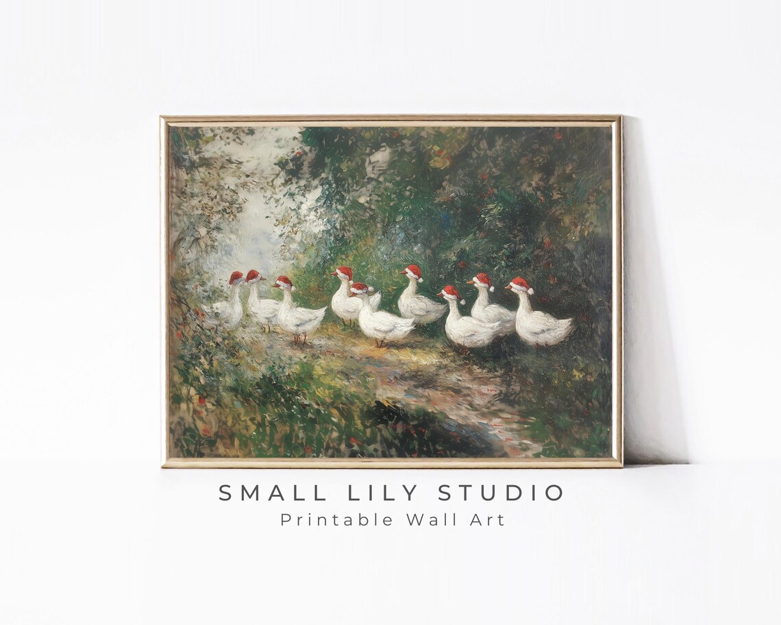 White Geese Wearing Santa Hats on a Country Path Cute Farmhouse Poster