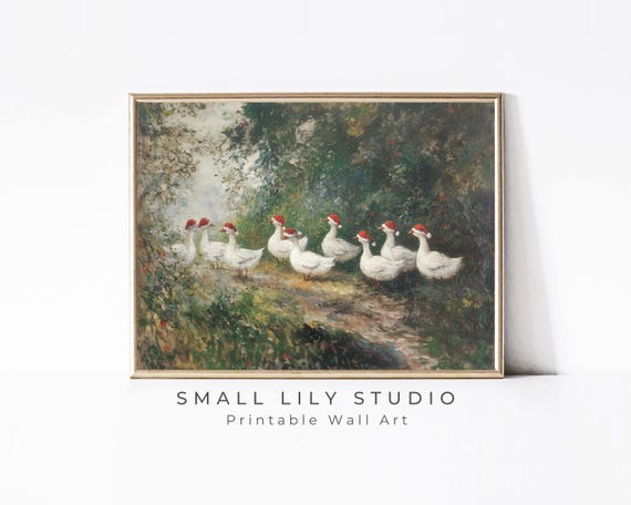 Geese In Santa Hats Print Farmhouse Christmas Holidays Wall Art Cute Farm Animals Vintage Style Painting Birds P117