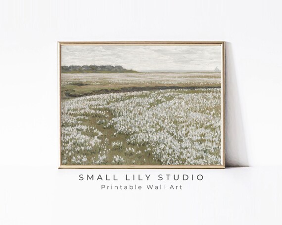 White Wildflower Meadow Neutral Muted Vintage Landscape Art Print