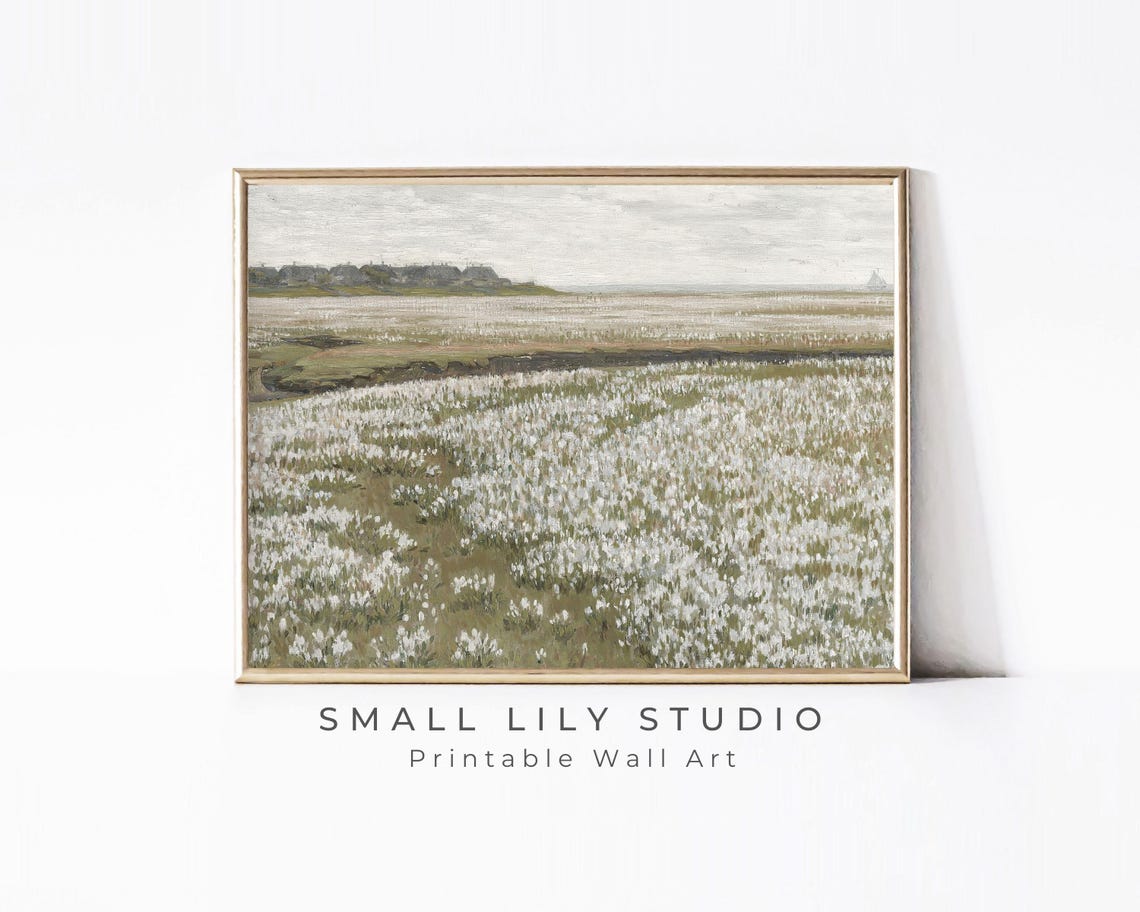 White Wildflower Meadow Neutral Muted Vintage Landscape Art Print