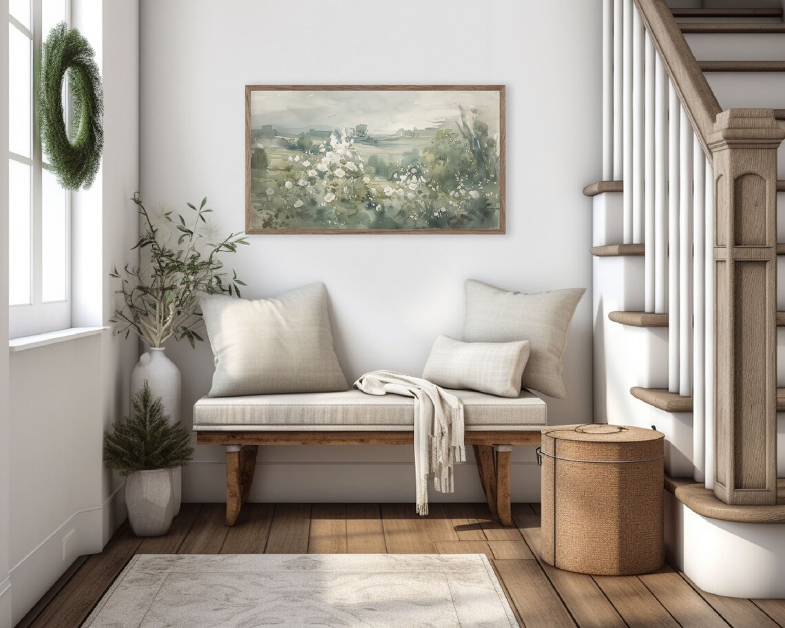 White Wildflowers Misty Field Abstract Green Floral Watercolor Painting Poster - Image 3