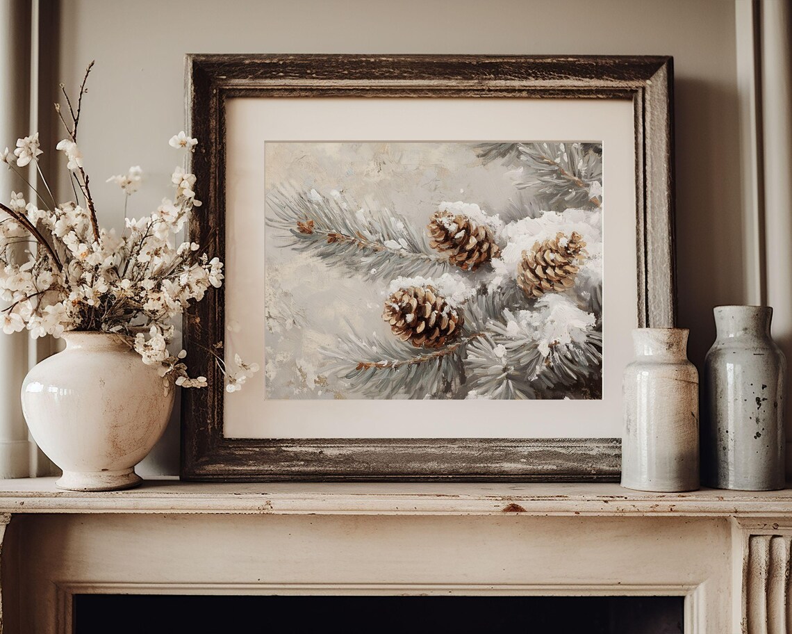 Pinecones on Snowy Pine Branches Neutral Winter Botanical Vintage Poster - Image 2