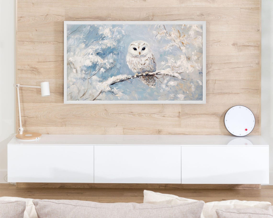 Frame Tv Art Cute Snowy Owl In Winter Landscape Pale Blue White Winter Tv Art Vintage Style Bird Painting Frame Tv Art Tv558 - Image 3