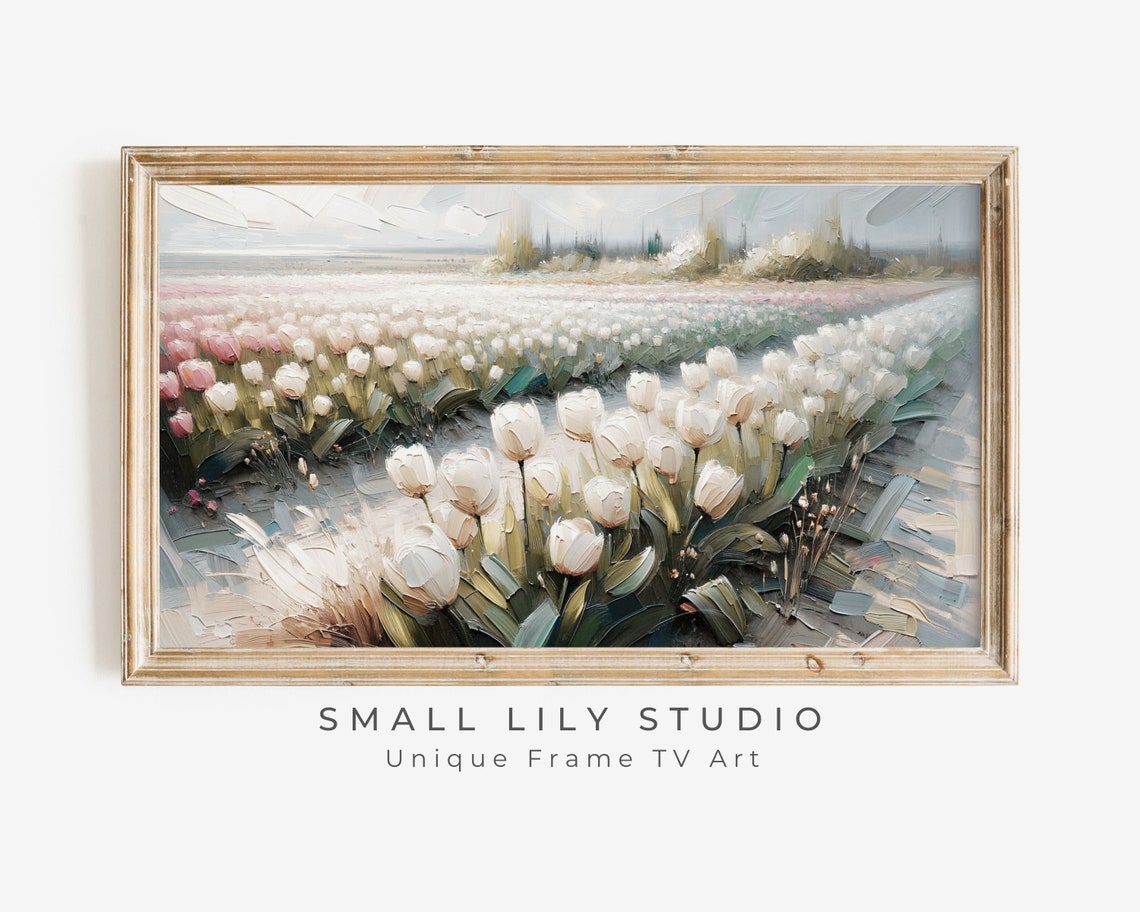 White Tulip Field Bloom Impasto Textured Oil Painting Spring Art Print