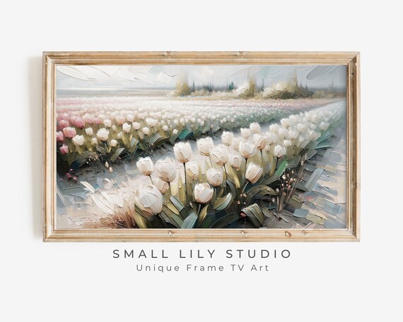 White Tulip Field Bloom Impasto Textured Oil Painting Spring Art Print