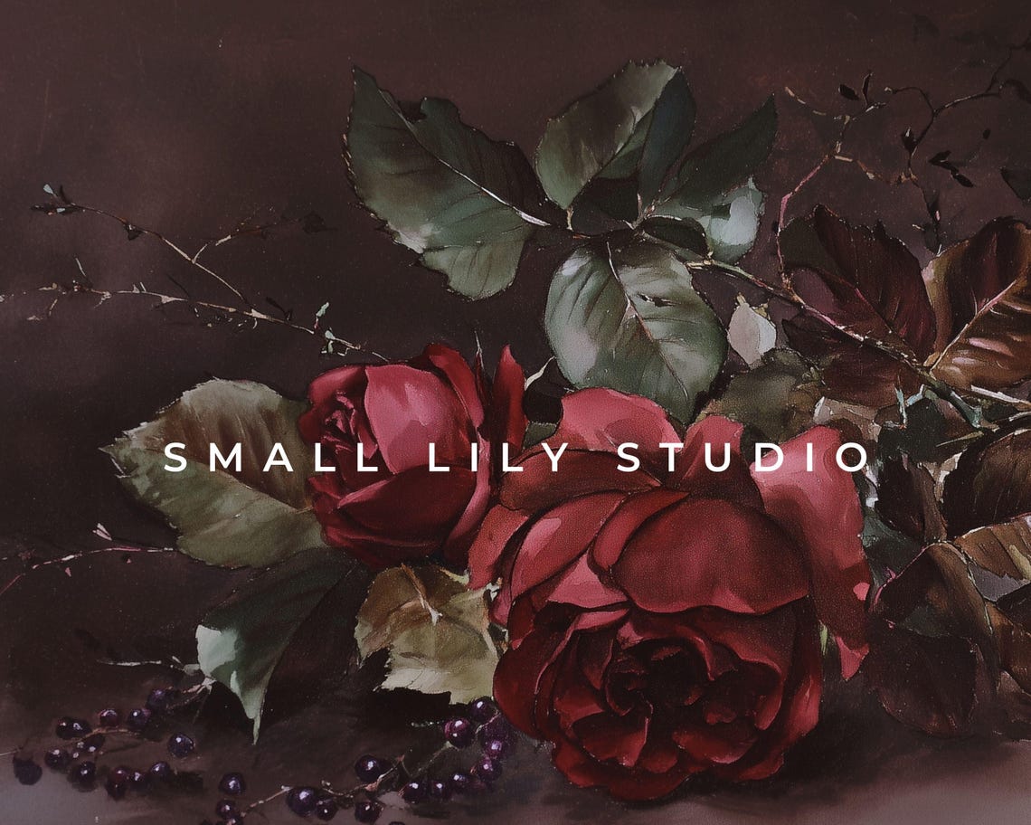 Dark Red Roses With Berries on Moody Burgundy Background Floral Poster - Image 4