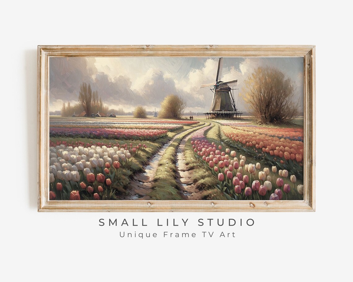 Tulip Landscape With Dutch Windmill, Vintage Art Print