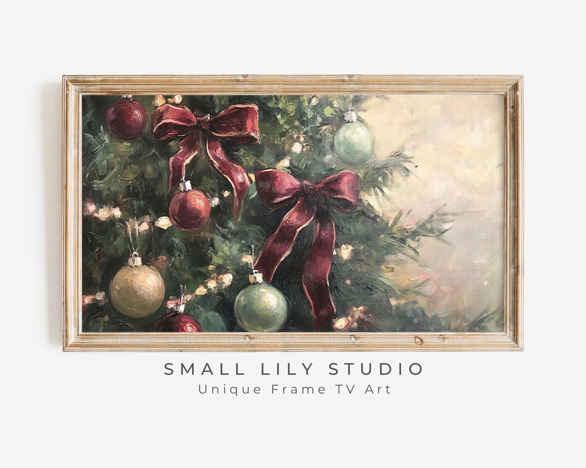 Christmas Tree With Burgundy Bows, Vintage Holiday Art Print
