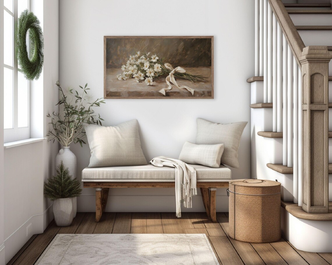 Frame Tv Art Farmhouse Flowers Frame Tv Art Neutral Spring Florals Moody Brown Vintage Style Daisies Painting For Tv Tv646 - Image 3