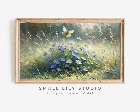 Blue Flowers Yellow Butterfly Impasto Textured Spring Painting Poster