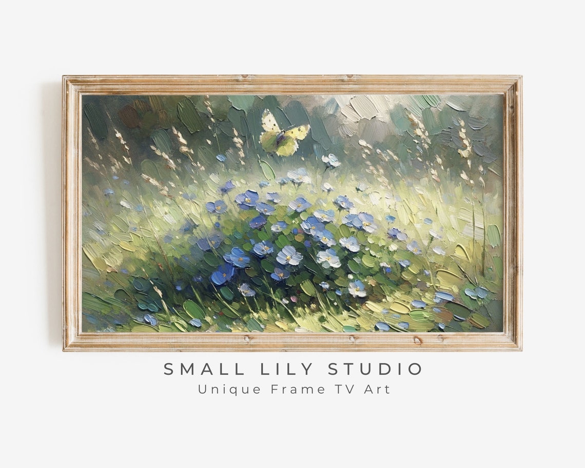 Blue Flowers Yellow Butterfly Impasto Textured Spring Painting Poster