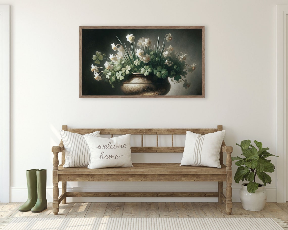 Daffodils and Shamrocks Gold Pot Moody Vintage Still Life Art Poster - Image 3