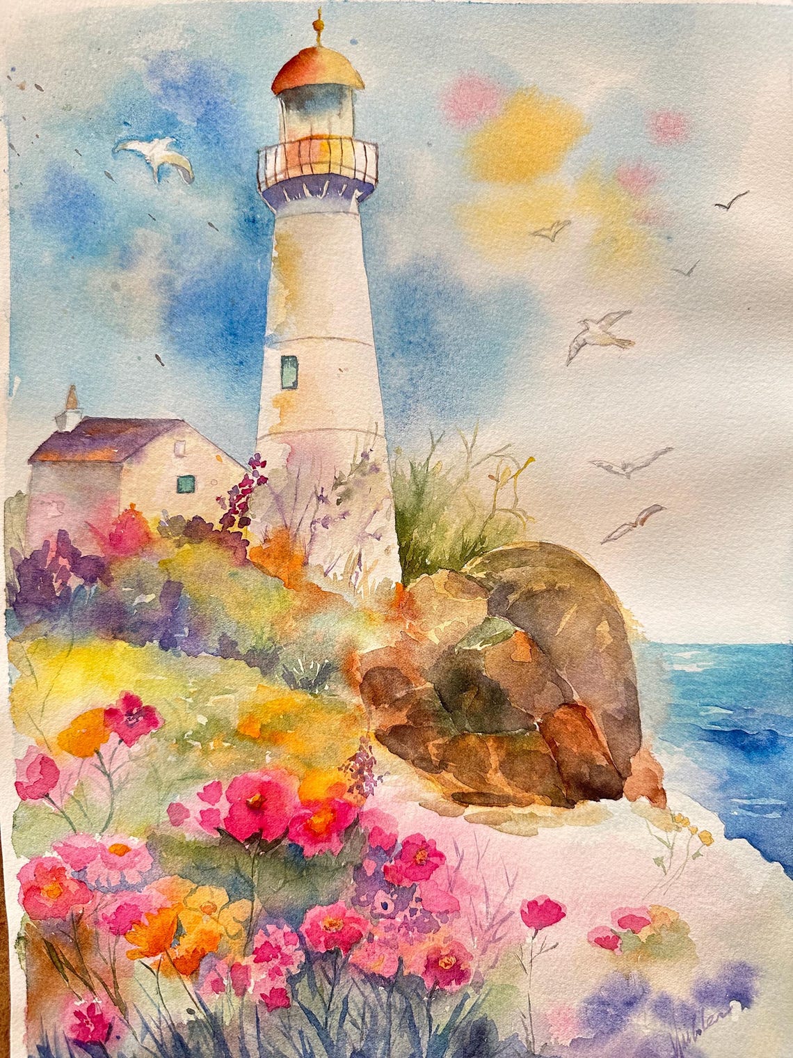 White Lighthouse on a Rocky Wildflower Coast Watercolor Poster - Image 6