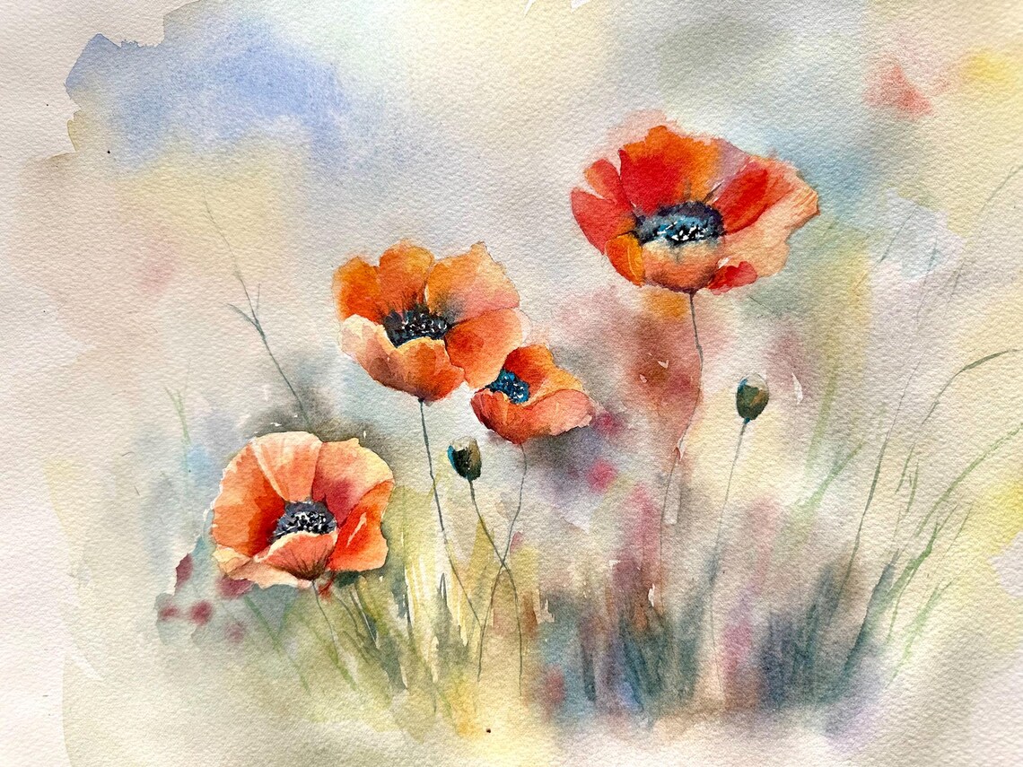 Orange Red Poppies in Soft Misty Morning Light Watercolor Poster - Image 7
