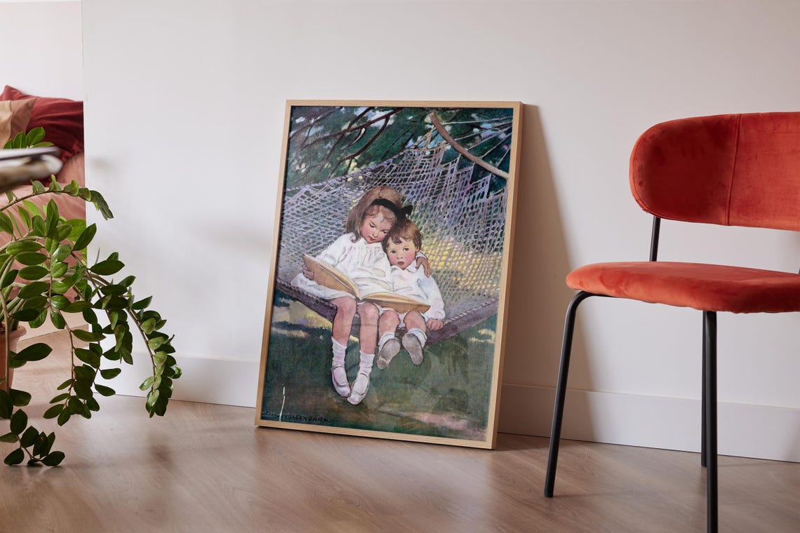 Two Children Reading In A Hammock Vintage Illustration Poster - Image 2