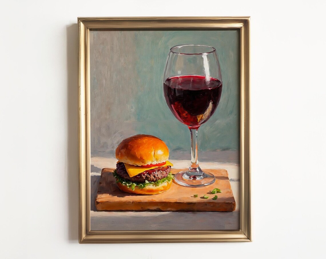 Red Wine And Cheeseburger Whimsical Art Print