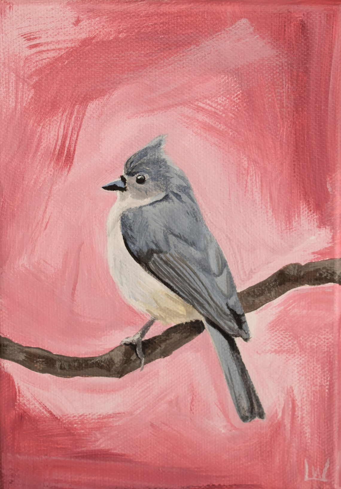 Tufted Titmouse Songbird Painted on a Soft Pink Background Poster
