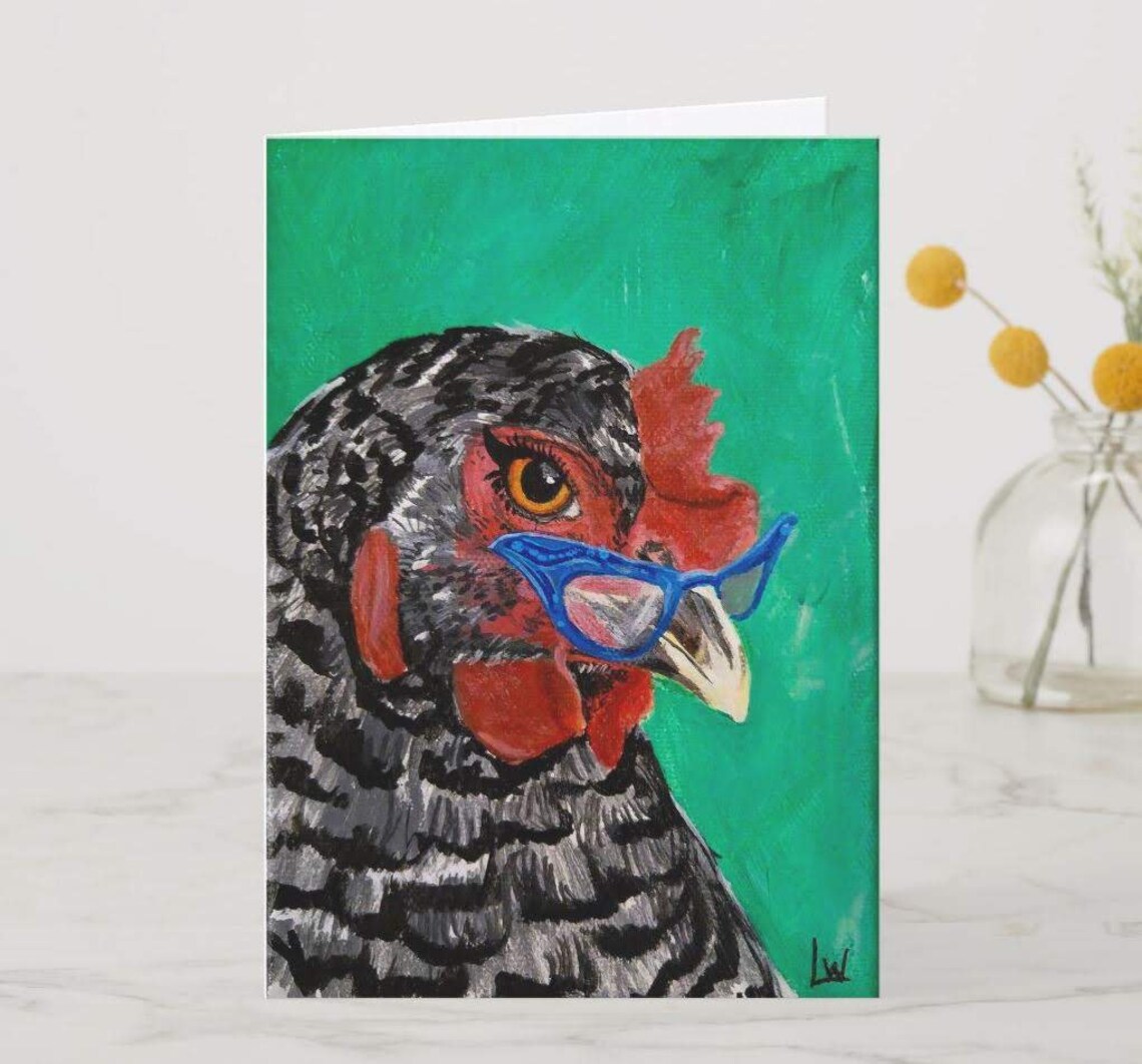 Chicken Wearing Blue Glasses on Teal Green Background Poster