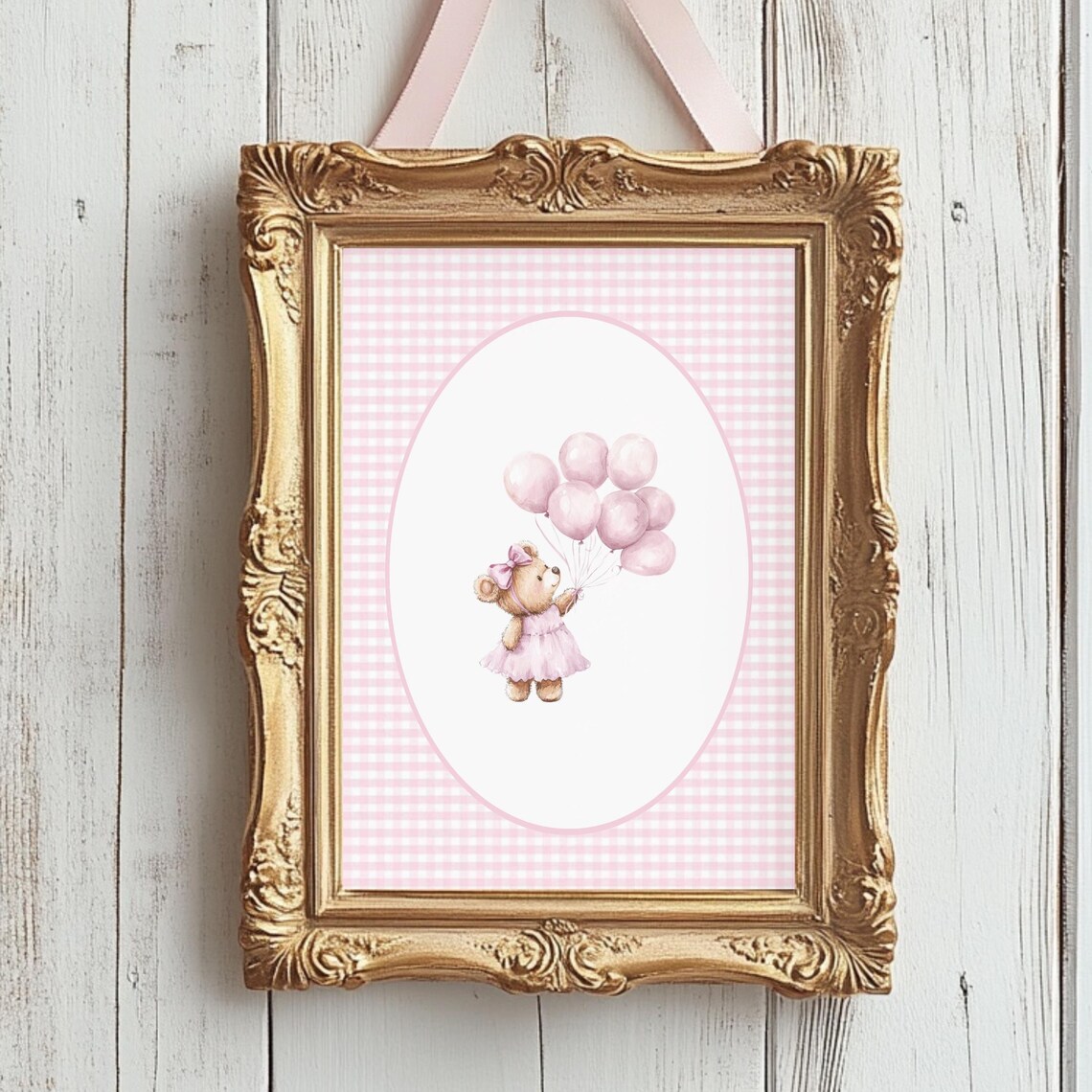 Girly Pink Gingham Teddy Bear Balloons Nursery Room Poster Decor
