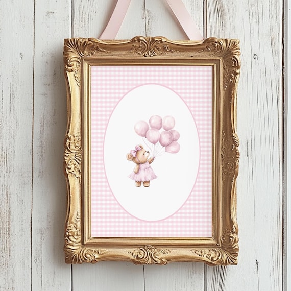 Girly Pink Gingham Teddy Bear Balloons Nursery Room Poster Decor