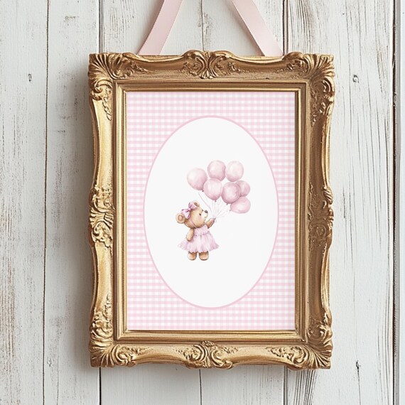 Vintage Pink Teddy Balloons Nursery Wall Art Grandmillennial Bear Bow Poster Girl Decor