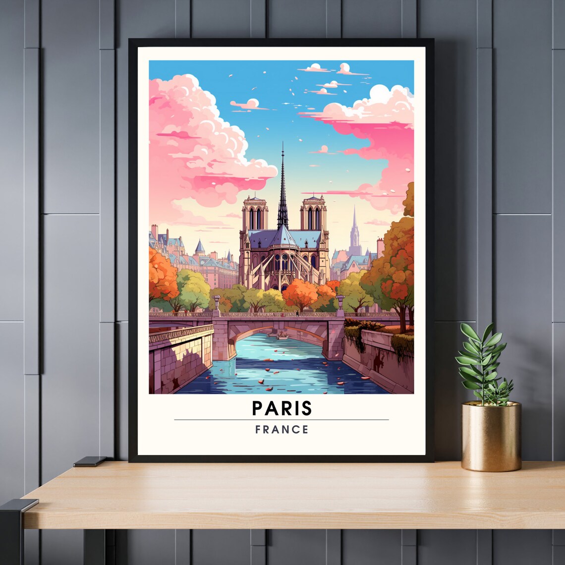 Paris Notre Dame Cathedral Travel Poster France Seine Autumn Art